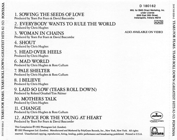Tears For Fears - Tears Roll Down (Greatest Hits 82-92) (CD) | Near Mint (NM) Near Mint (NM)