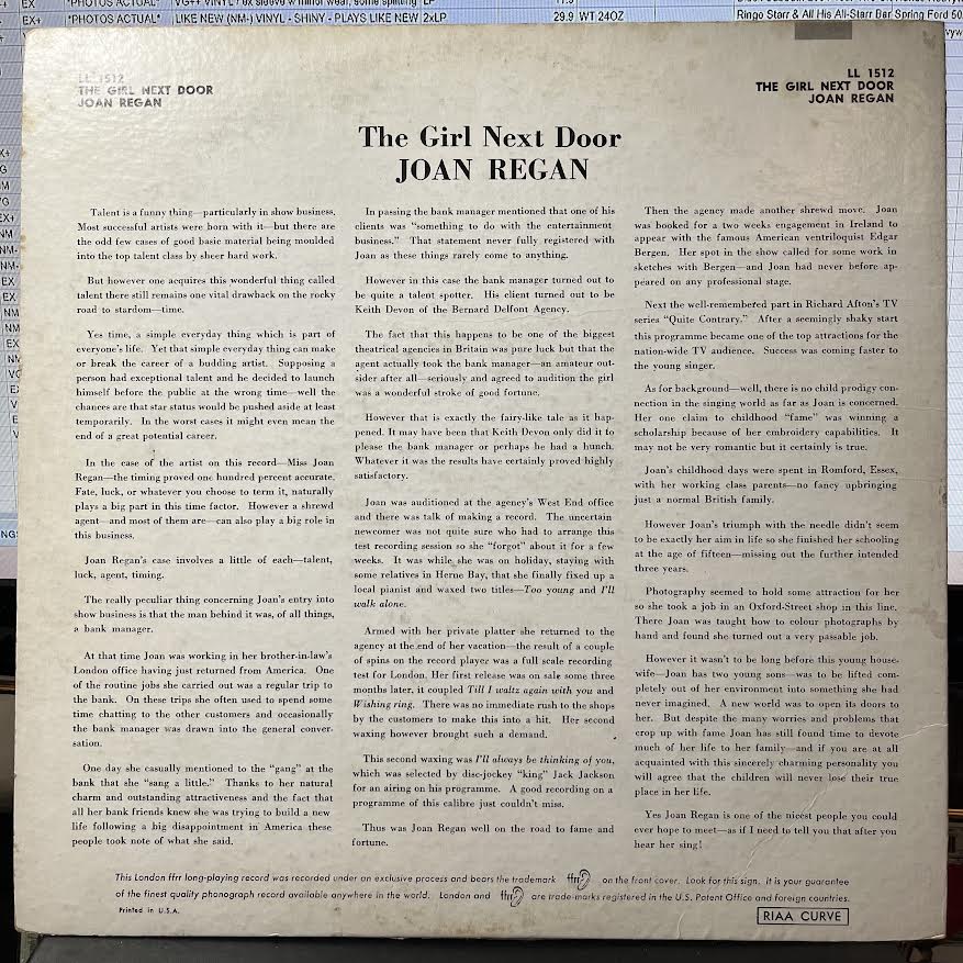 Joan Regan - Just Joan / The Girl Next Door (VINYL) | Very Good (VG) Excellent (EX)