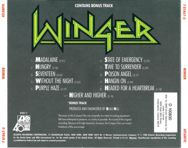 Winger - Winger (CD) | Excellent+ (EX+) Excellent+ (EX+)