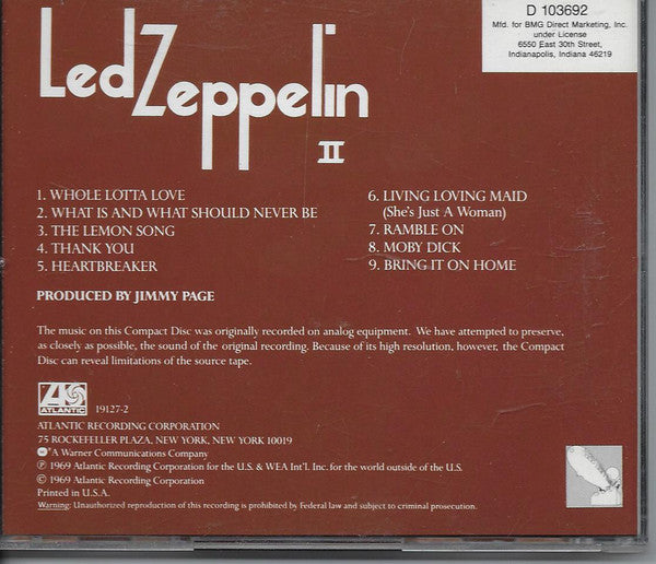 Led Zeppelin - Led Zeppelin II (cd) | Excellent+ (EX+) Near Mint (NM)