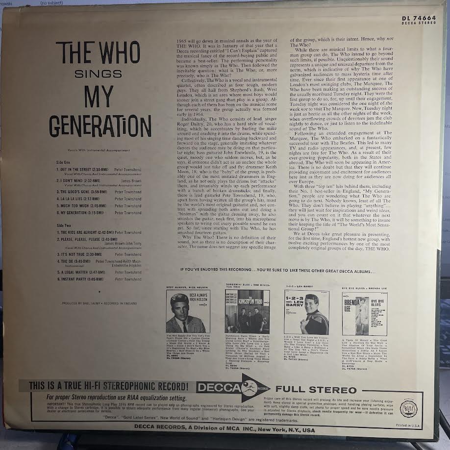 The Who - The Who Sings My Generation (VINYL) | Excellent (EX) Very Good Plus (VG+)
