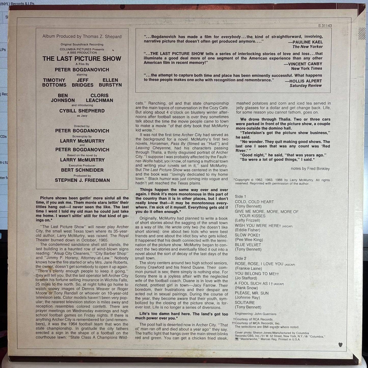 Various - The Last Picture Show (Original Soundtrack Recording) (VINYL) | Very Good Plus (VG+) Excellent (EX)