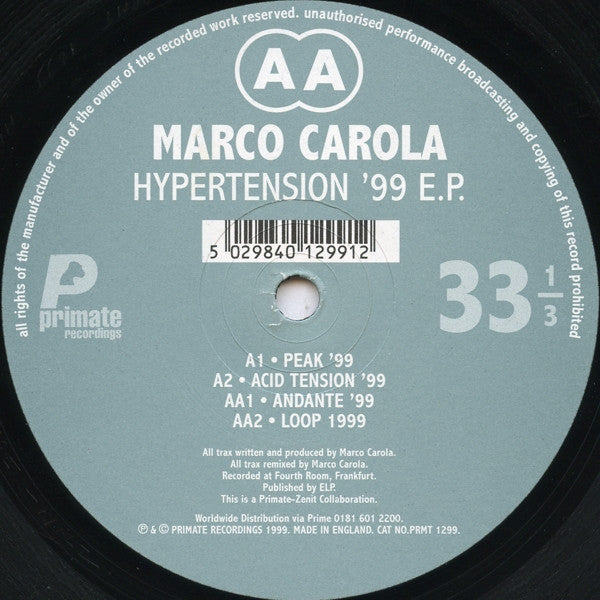 Marco Carola - Hypertension '99 E.P. | Very Good Plus (VG+) Very Good Plus (VG+)